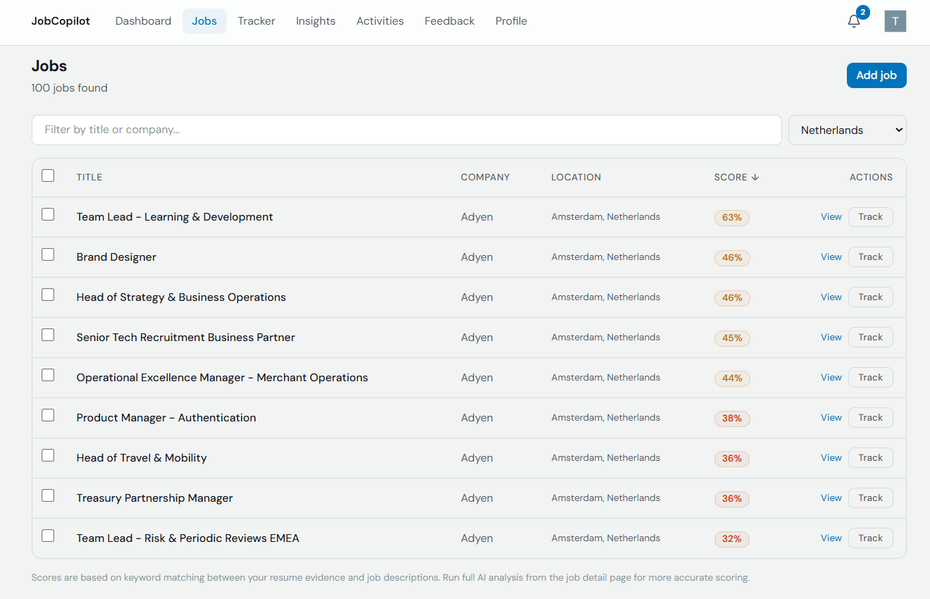 JobCopilot dashboard showing AI-scored job listings with match percentages