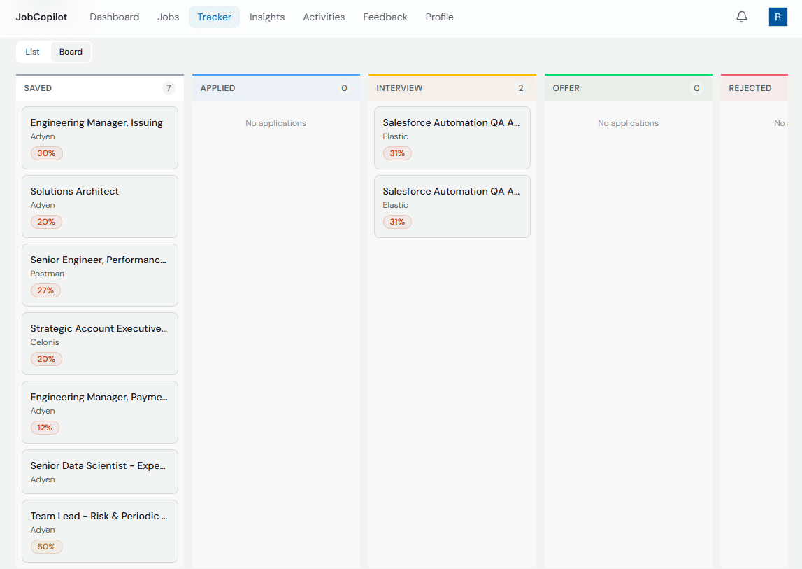 Kanban-style application tracker with pipeline stages and match scores